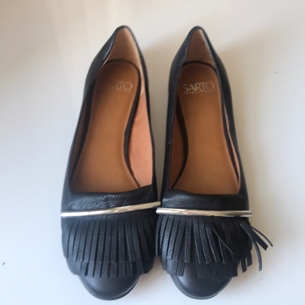 Franco Sarto black fringe flats moccasins